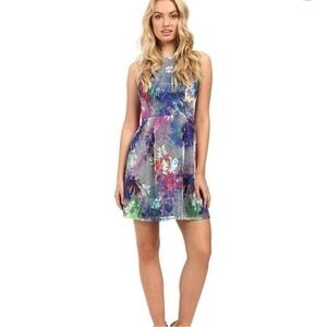 aidan mattox Sz 4 Dress Floral Mesh Overlay sleeveless midi Fit And Flare lined